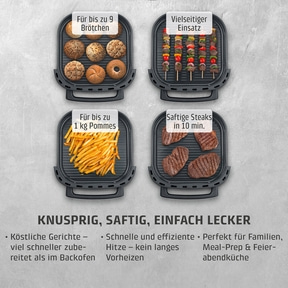 Grill mit Brötchen, Spießen, Pommes und Steaks
