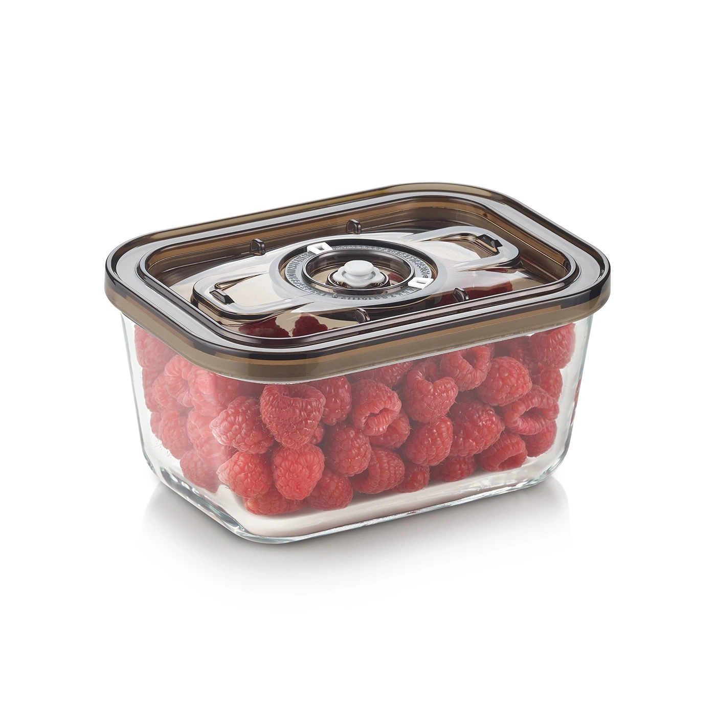 Glasbehälter mit Himbeeren, braunem Deckel, Vakuumverschluss, Lebensmittelaufbewahrung