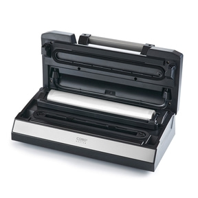 Vacuum sealer, open, with roll, black and silver, Caso Design
