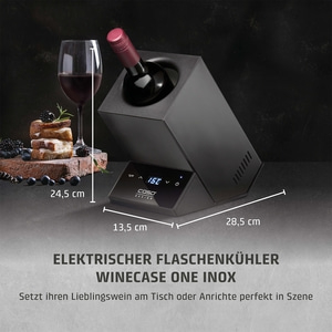 Wine cooler with wine, glass, food and dimensions. Black design, 16 degrees.