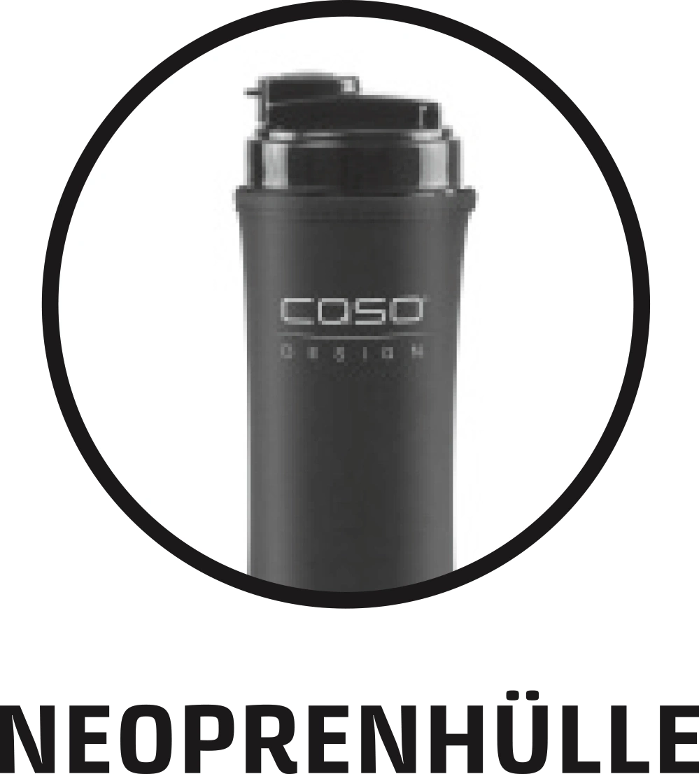 Black cup with logo inside a black circle, with the word Neoprenhülle below it.
