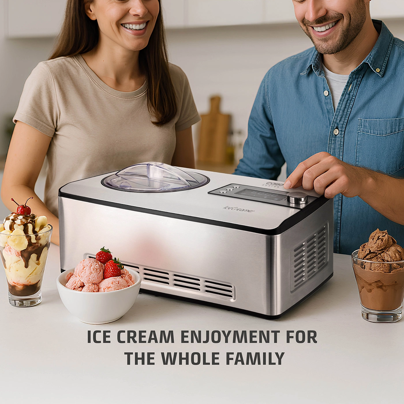 Ice cream machine with family, ice cream, strawberries, enjoyment, happiness, kitchen
