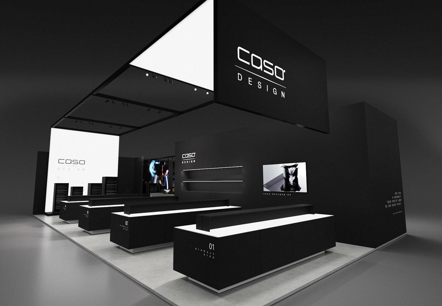 Schwarzer Ausstellungsstand mit Caso Design Logo und Produktpräsentation.
