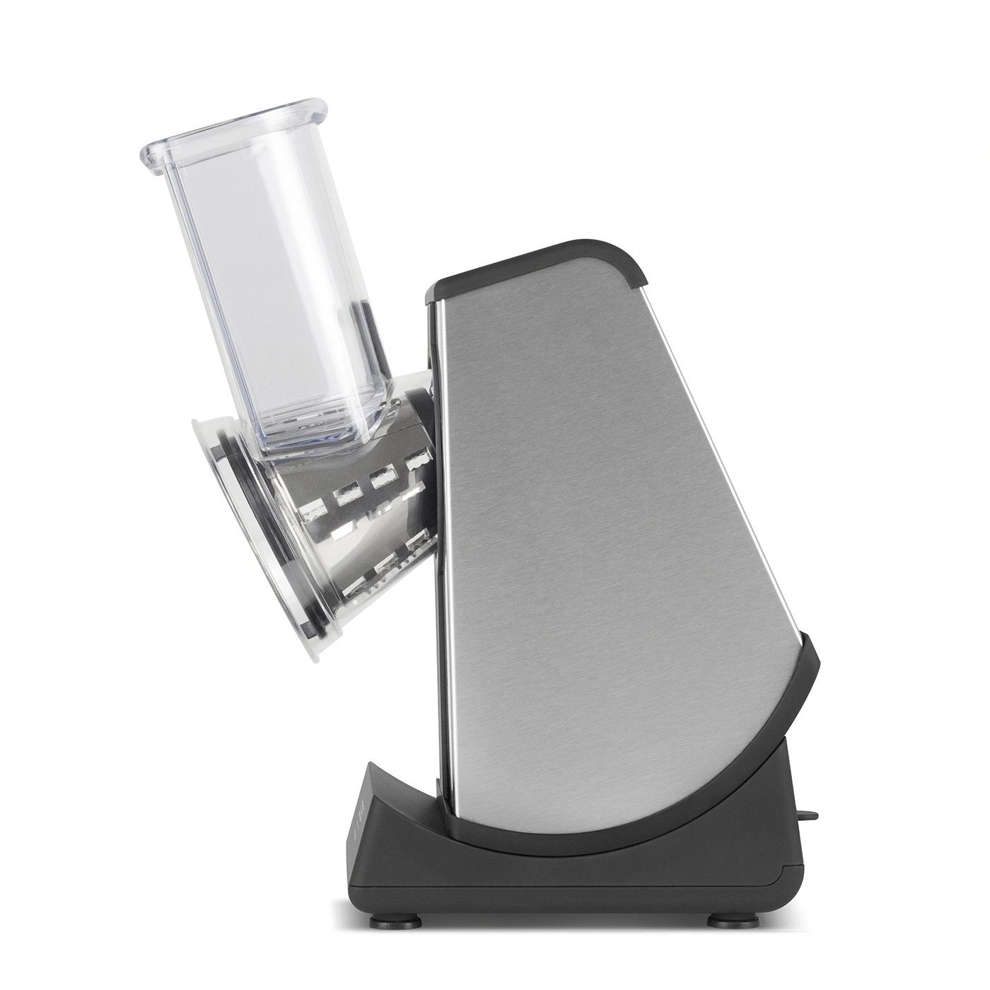 Electric vegetable slicer, stainless steel, transparent container, kitchen appliance, white background
