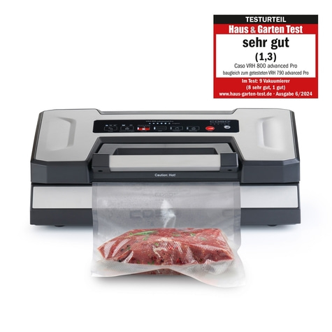 A Caso vacuum sealer with raw meat in a bag
