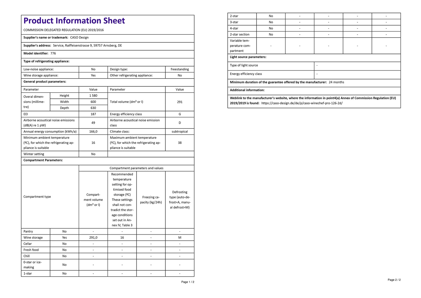 Product data sheet refrigerator: energy efficiency, dimensions, compartment parameters, wine storage, climate class