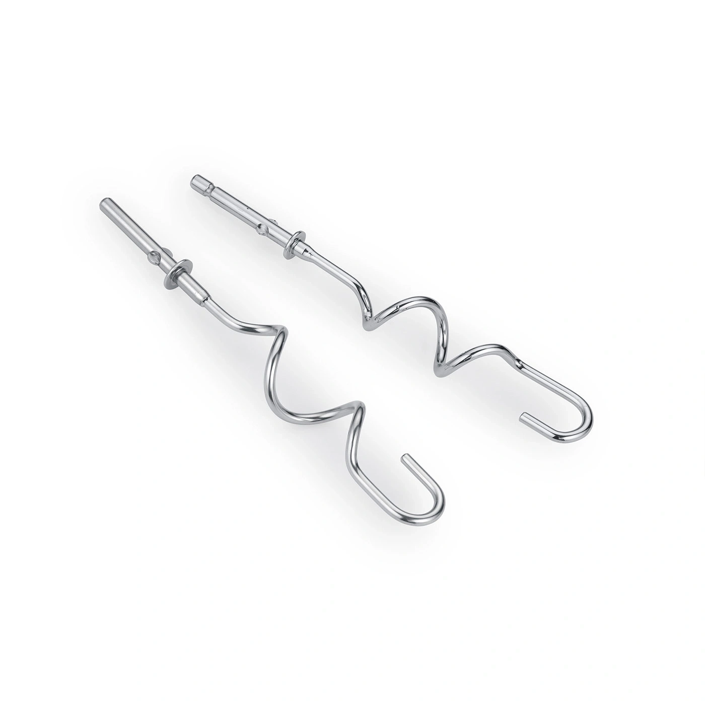 Two silver mixer attachments on white background, close-up shot