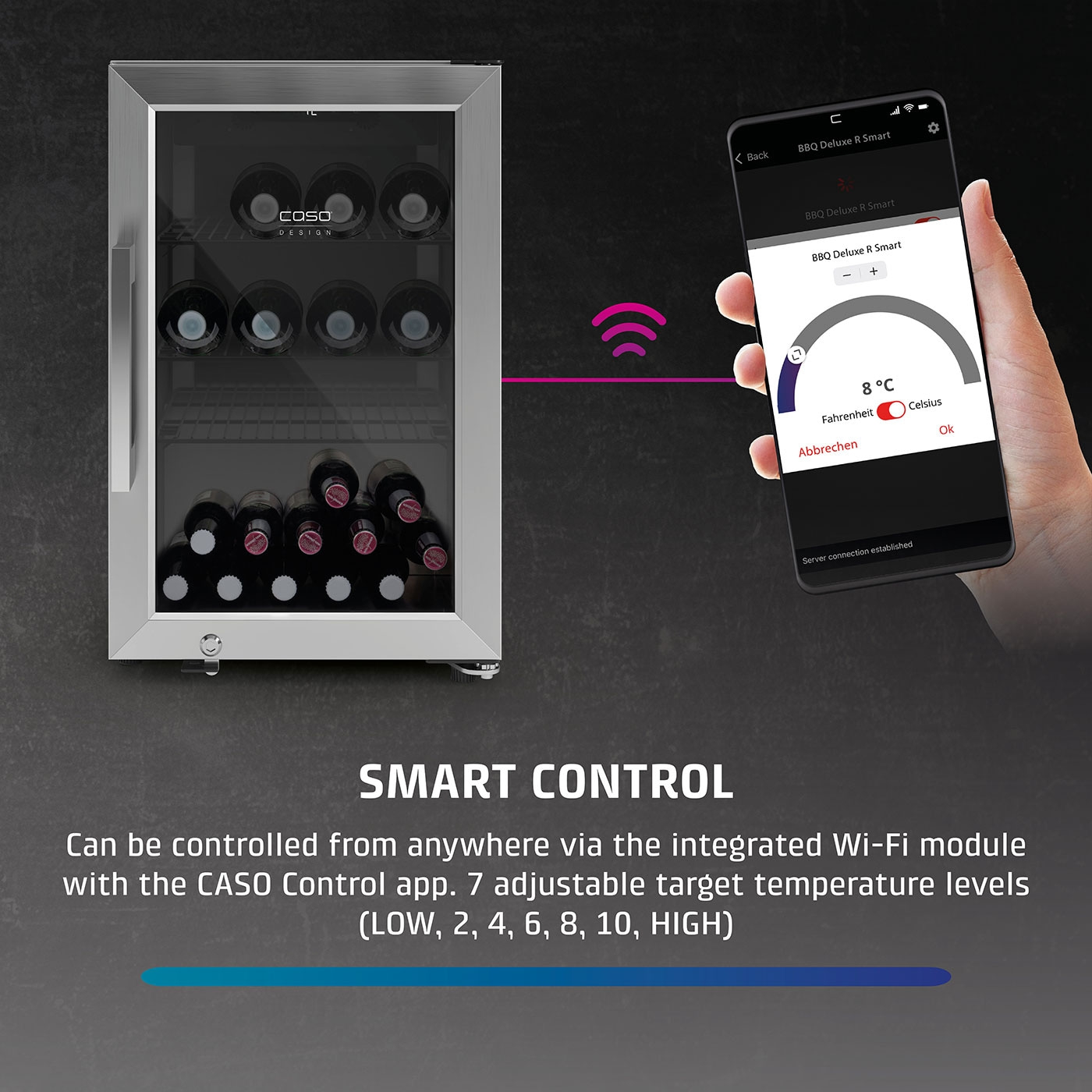 Wine cooler with smartphone control, temperature display, and app functionality.