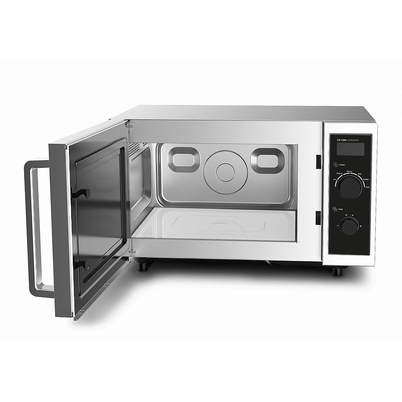 Microwave with open door, stainless steel, interior, control panel, CM 1000 Ceramic