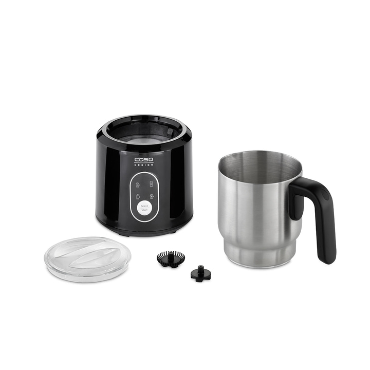 Black milk frother with accessories and stainless steel cup on white background.