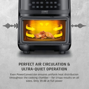 Air fryer with chicken wings, perfect air circulation, quiet, PowerConvection, crispy results.