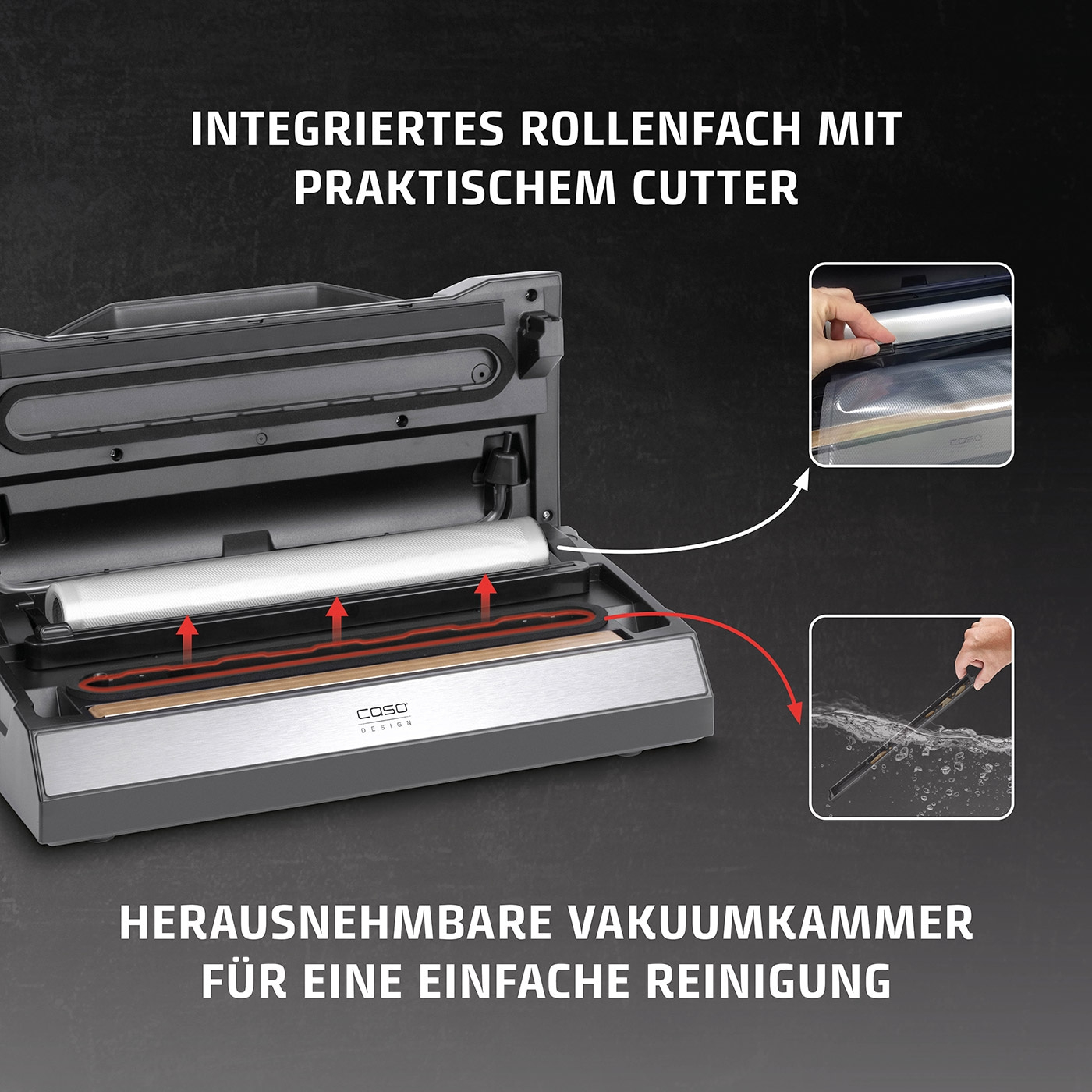 Vacuum sealer with roll compartment and cutter, removable vacuum chamber for easy cleaning