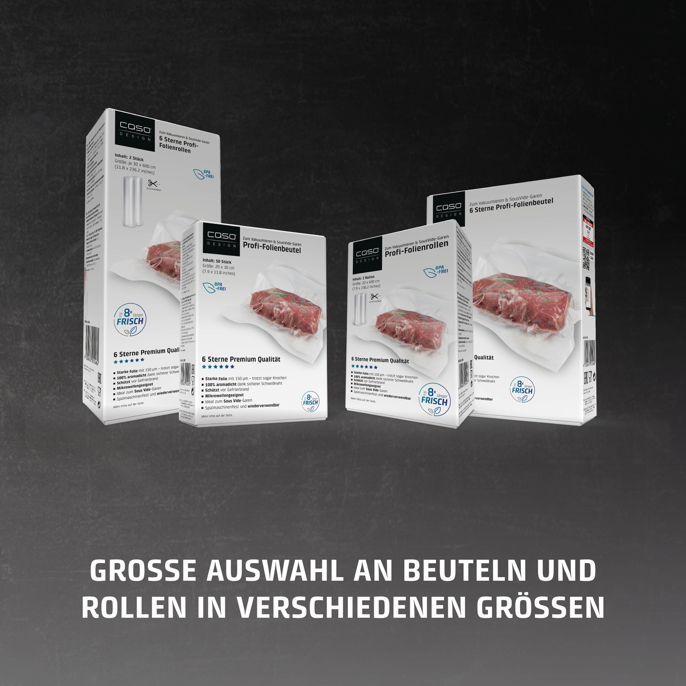 Vacuum bags and rolls in various sizes, BPA-free, for sous vide cooking and food preservation.