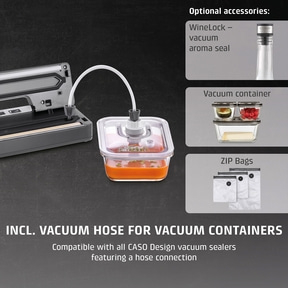 Vacuum sealer with accessories: vacuum aroma lock, vacuum container, ZIP bags.