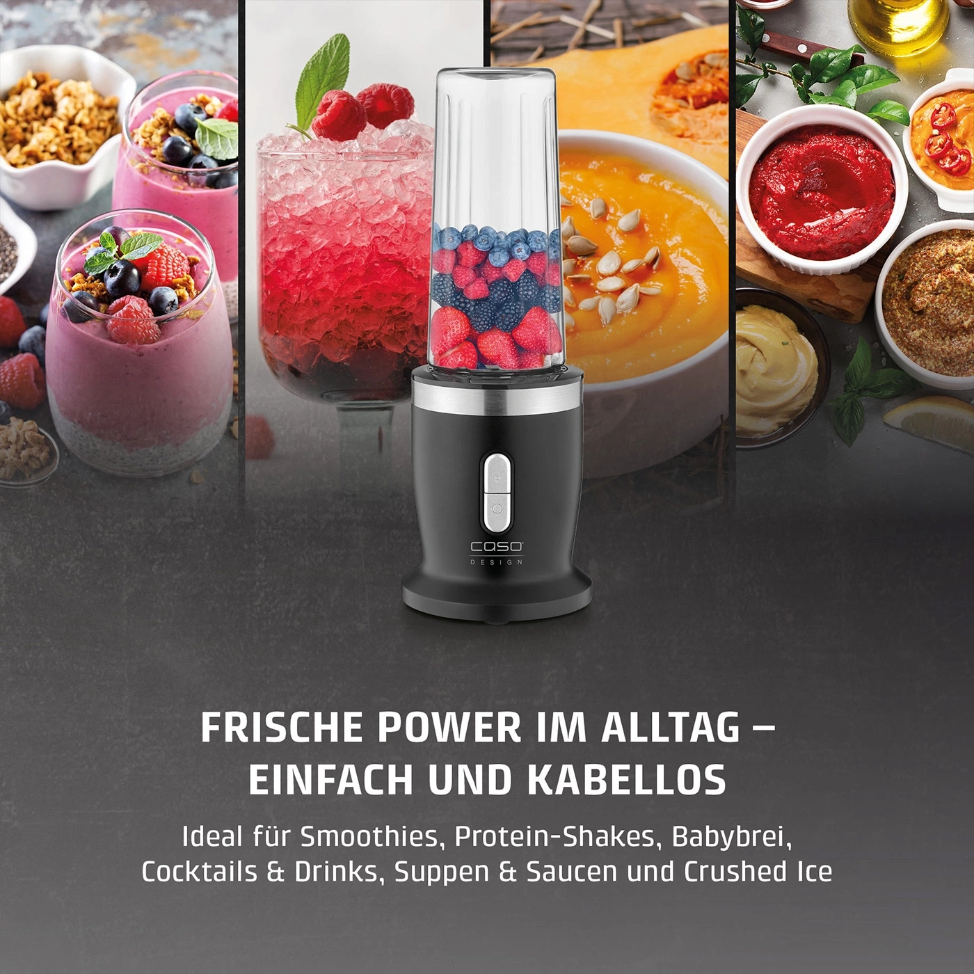 Ein kabelloser Mixer mit Früchten und Smoothies, Suppen und Eis.