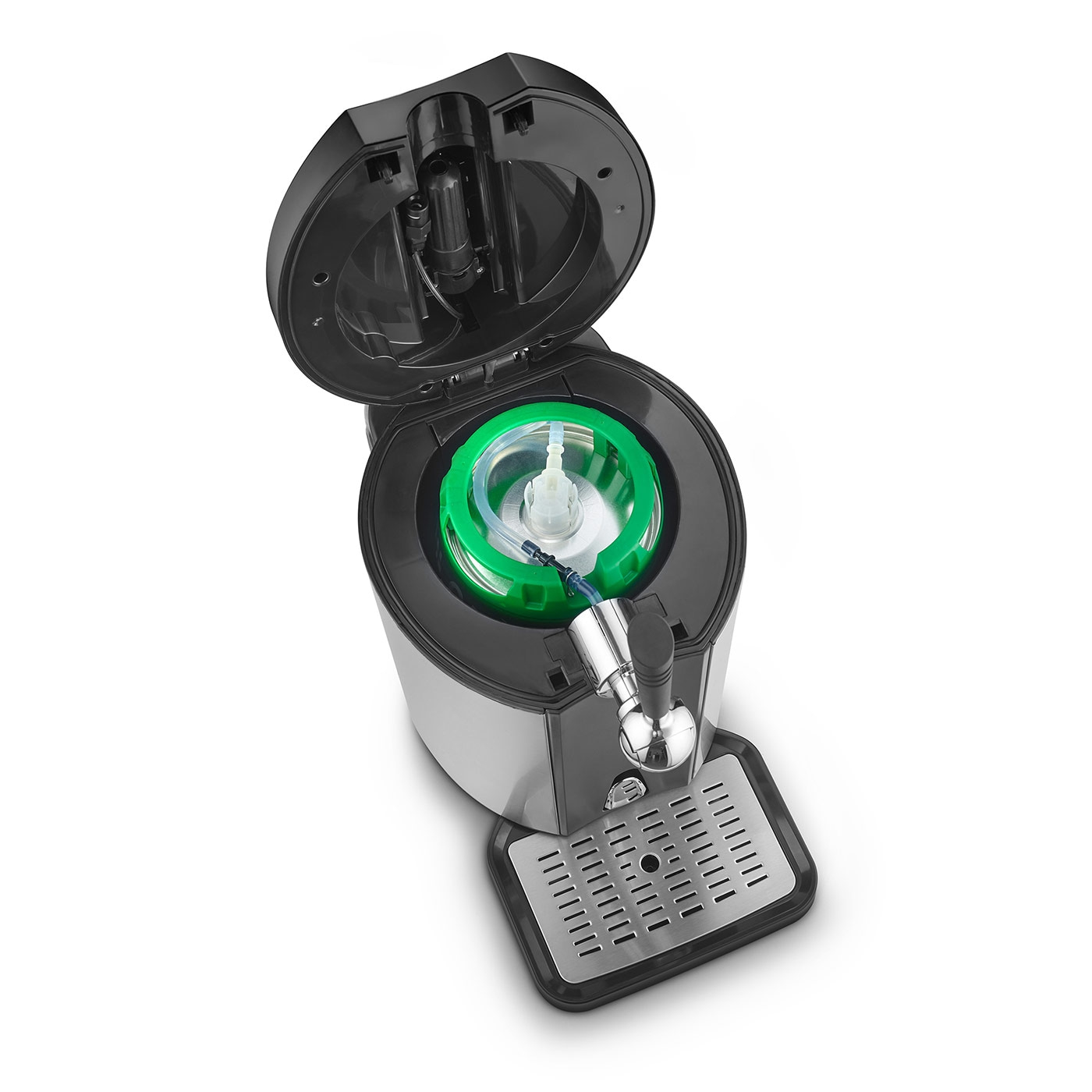 Beer cooler with open lid, green ring and tap, isolated on white background.