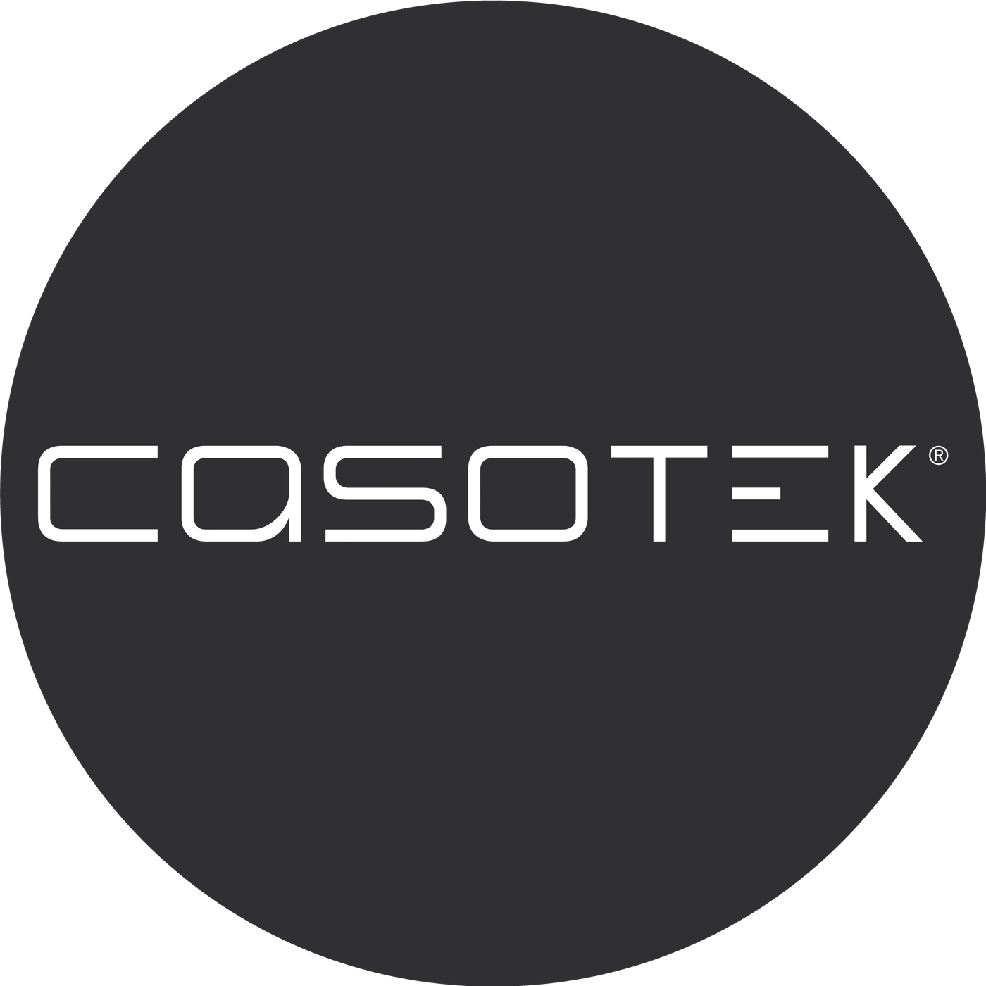 CASOTEK logo on a dark background, circular, white lettering, brand identity