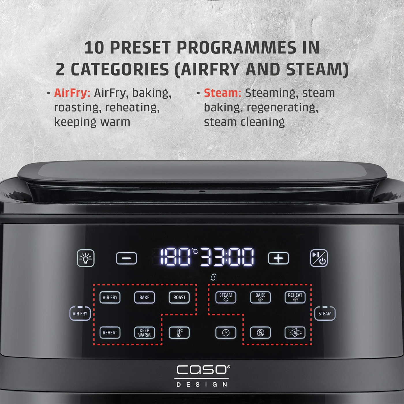 Air fryer with programs: AirFry, Bake, Roast, Reheat, Keep Warm, Steam, Regenerate, and Clean.