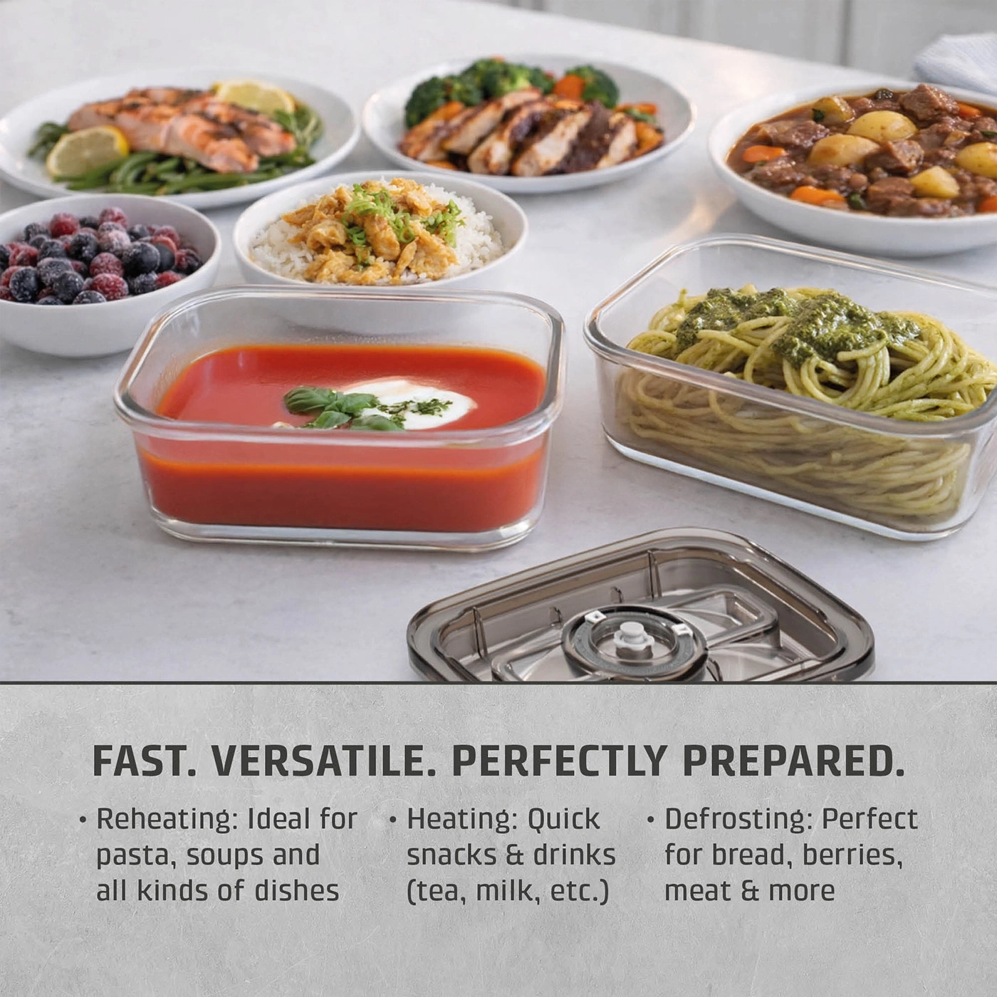 Various dishes in glass containers, ready for heating or thawing.