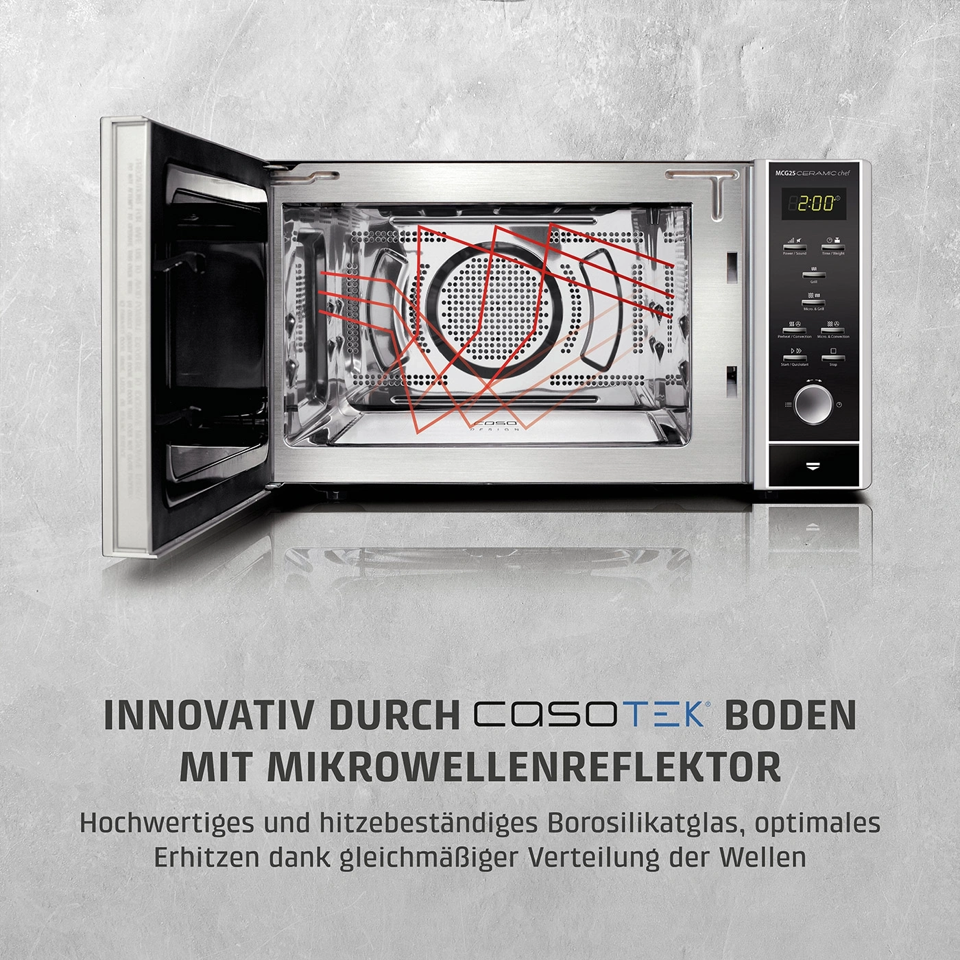 Mikrowelle mit Borosilikatglas und Mikrowellenreflektor für gleichmäßige Erhitzung. Innovatives Design von Cosotek.