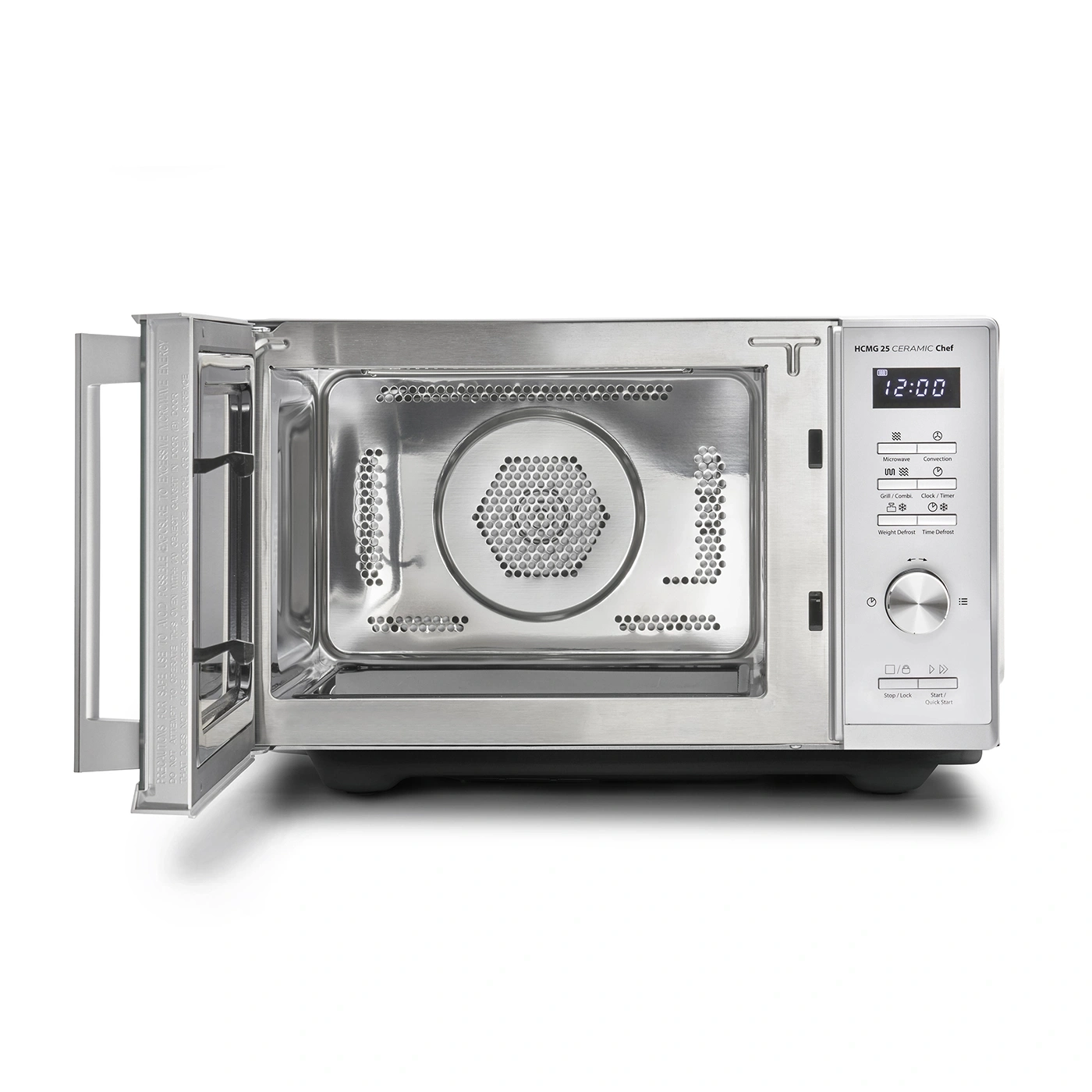 Mikrowelle mit offener Tür, Bedienfeld, Uhr, Tasten, Edelstahl, HCMG 25 Ceramic Chef