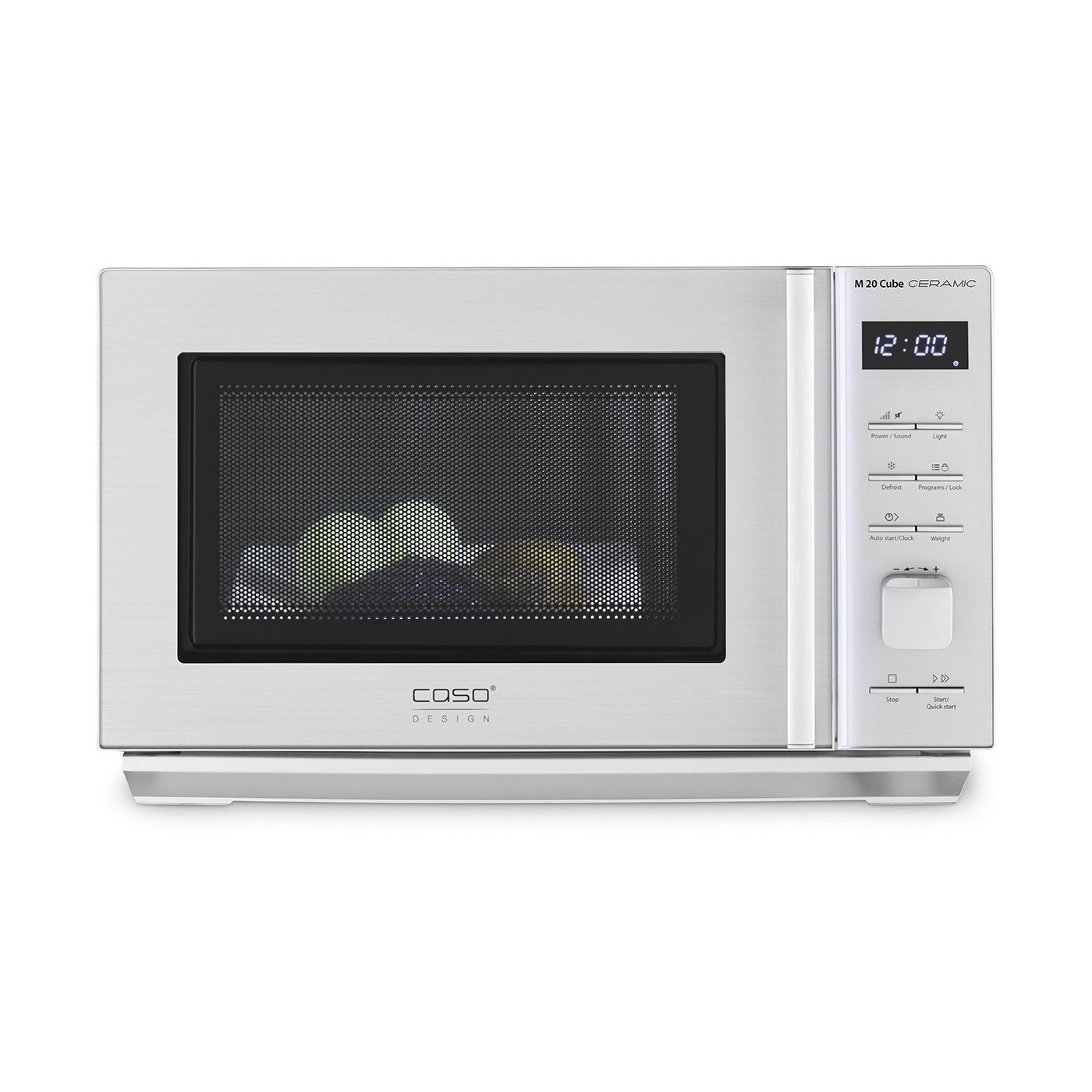 Microwave Caso M 20 Cube Ceramic, time 12:00, control panel, design, start button, cooking.