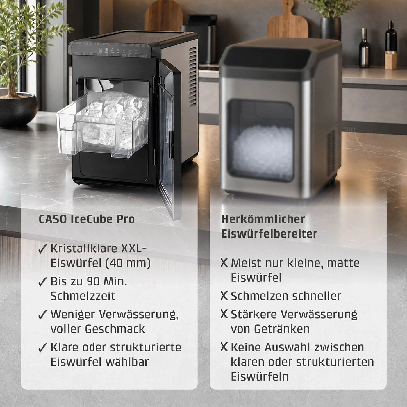 Vergleich von Eiswürfelmaschinen: CASO IceCube Pro vs. herkömmlicher Eiswürfelbereiter.