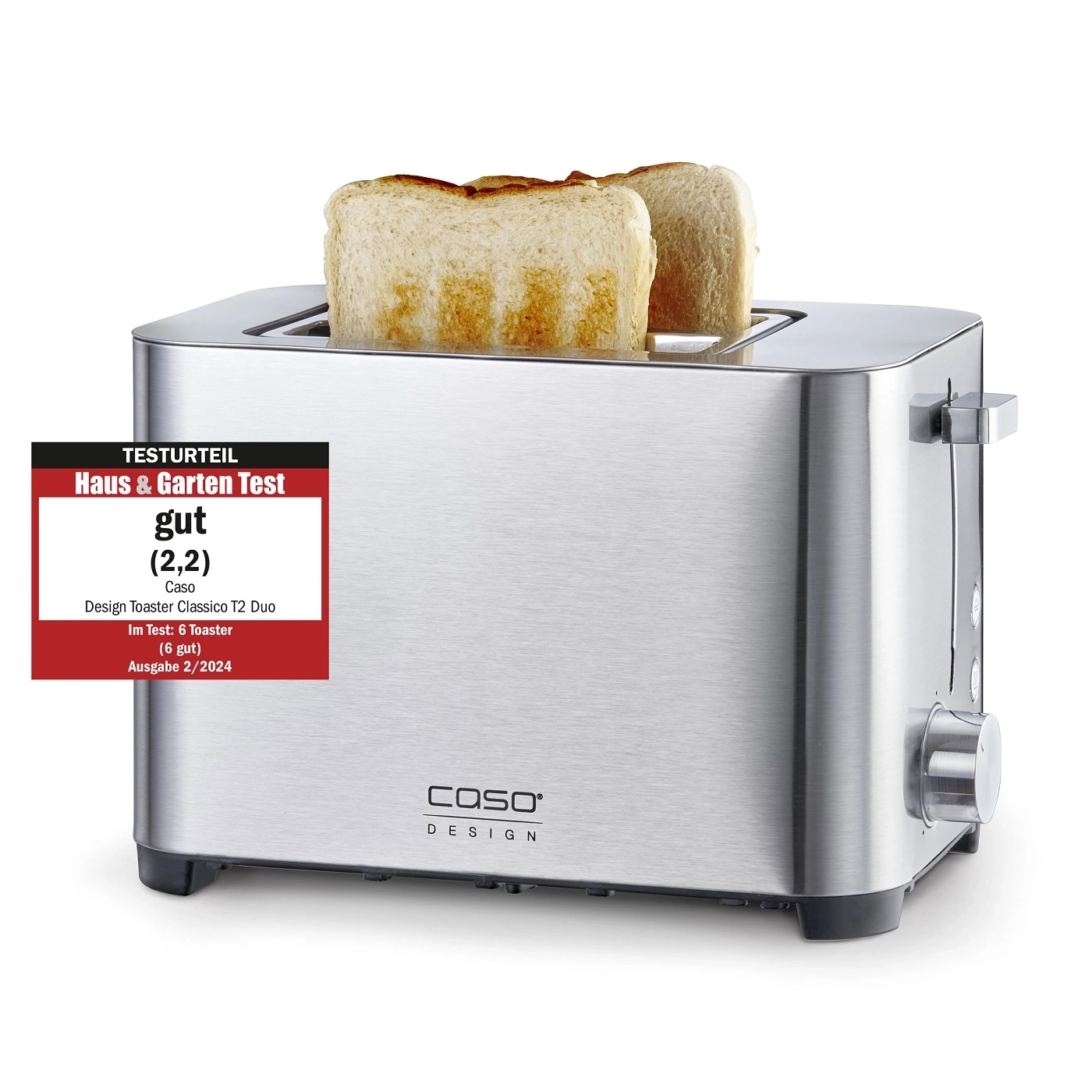 Toaster with toast, 'good' test result, Caso Design Toaster Classico T2 Duo.