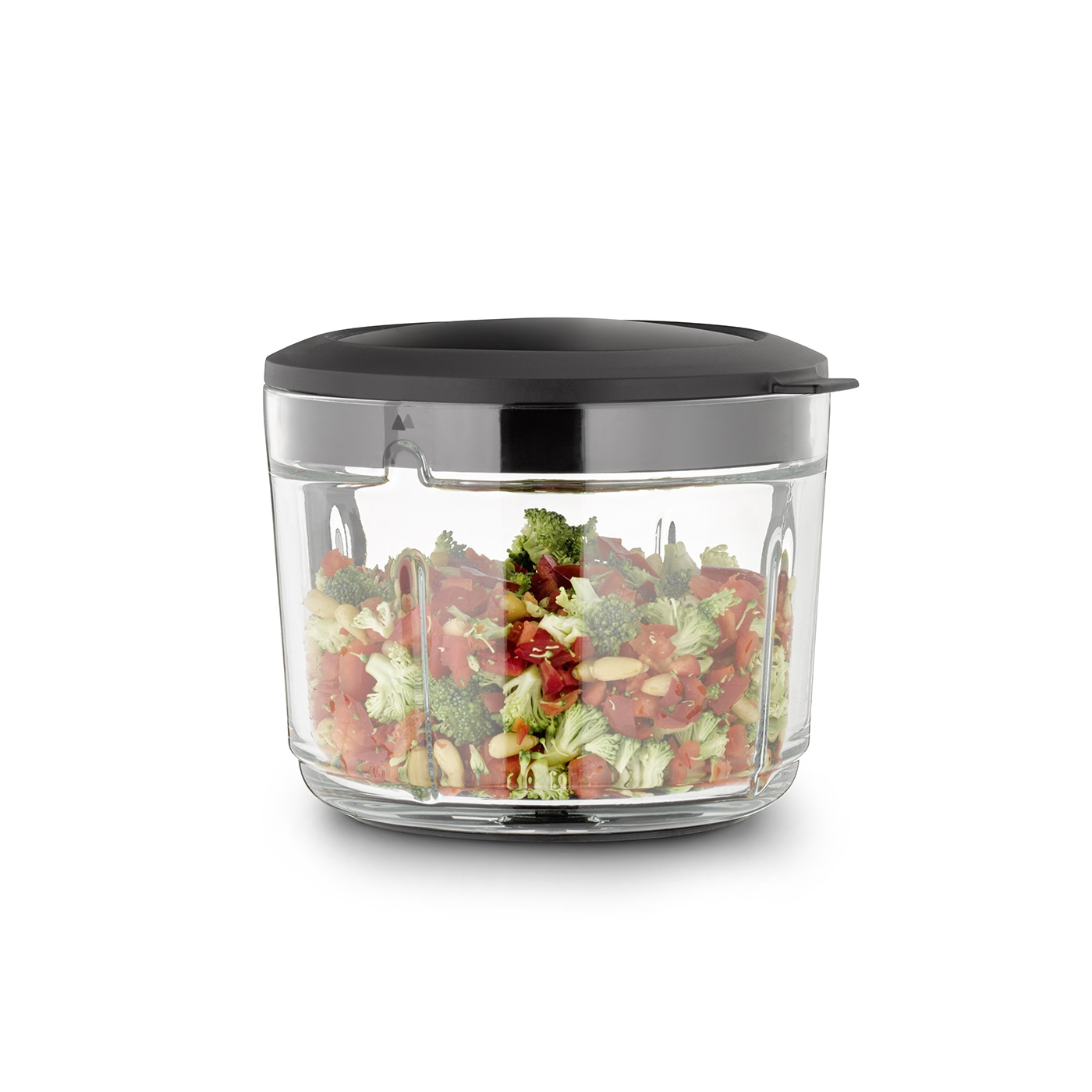 Vegetable chopper filled with vegetables, black lid, and transparent container