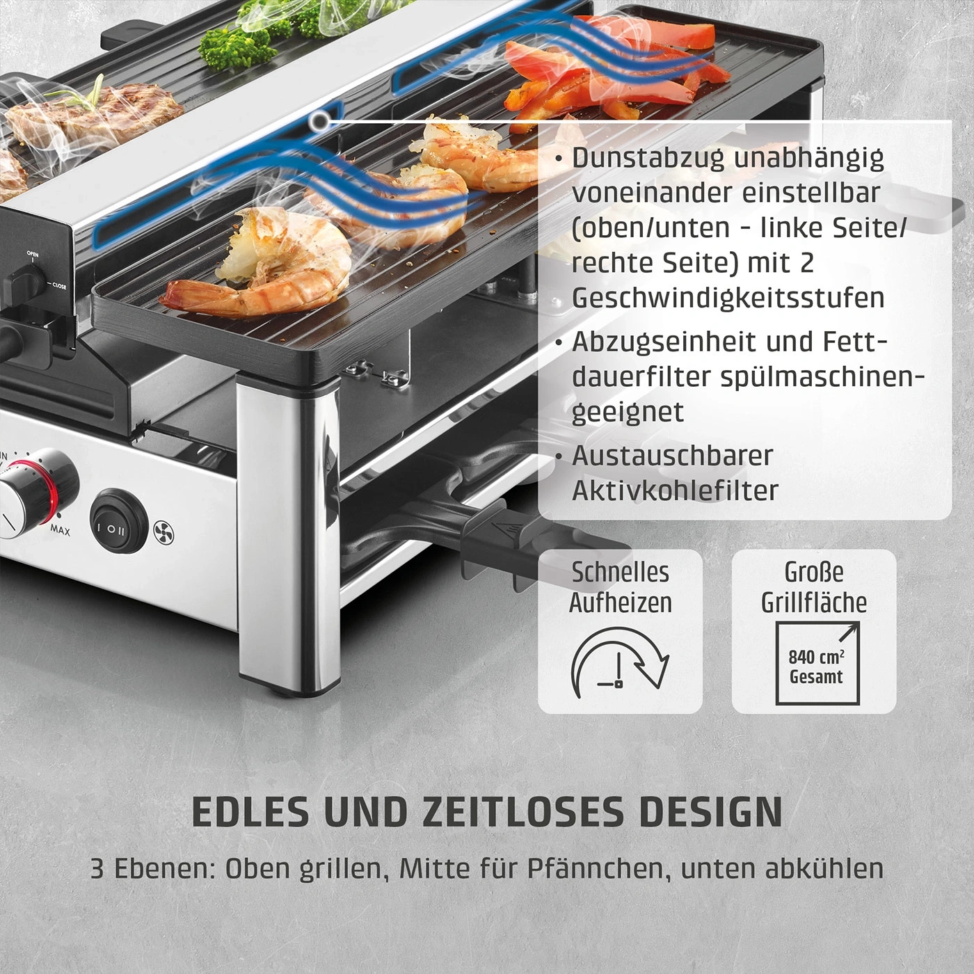 Edles und zeitloses Design mit 3 Ebenen: Grillen, Pfännchen und Abkühlen.