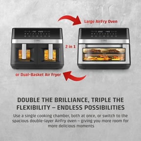 Air fryer with two baskets and large airfry oven, 2in1, double genius, triple flexible.