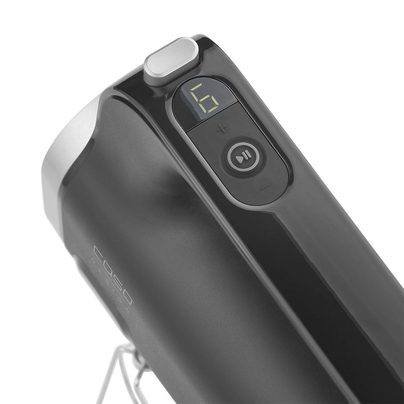 Close-up of a black hand mixer with digital display and control buttons