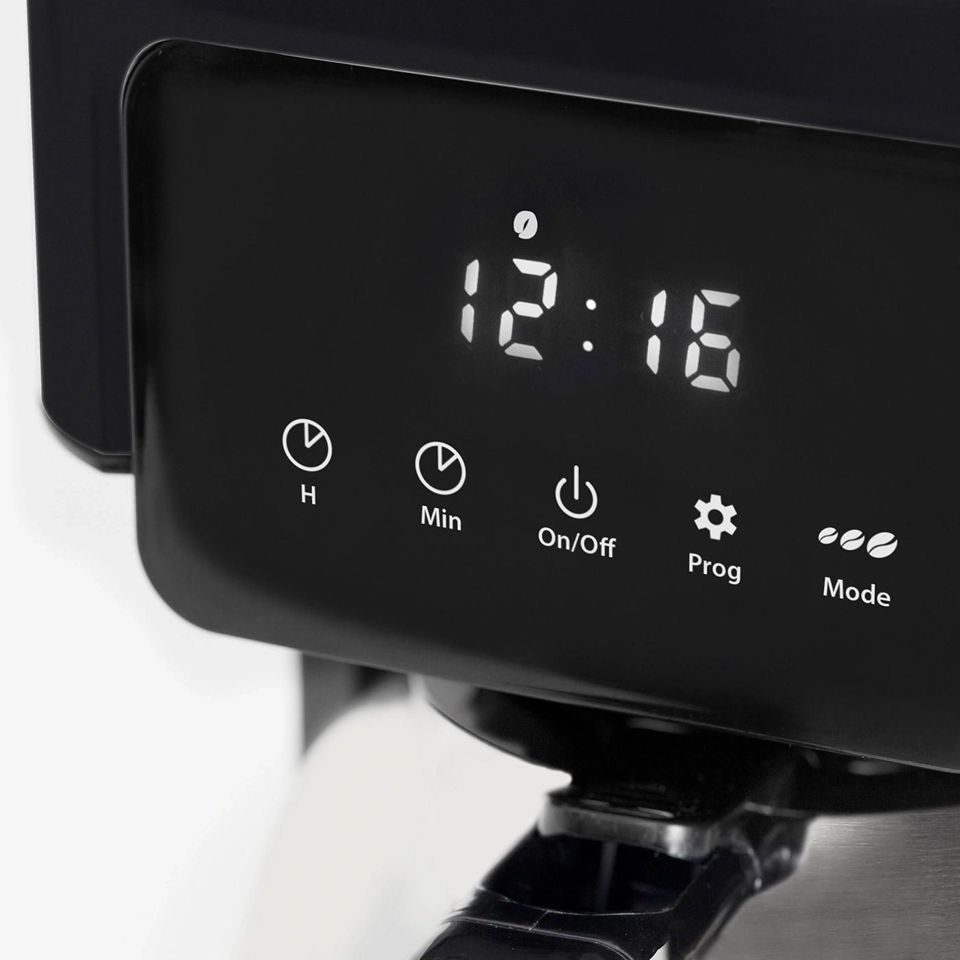 Kaffeemaschine mit digitaler Anzeige, Uhrzeit 12:16, Tasten für Funktionen.