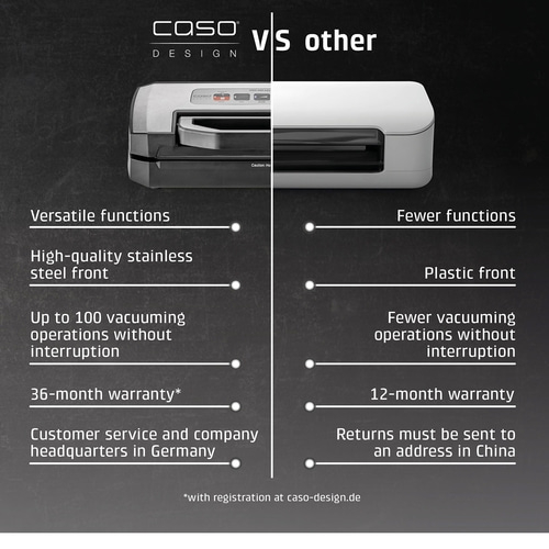 Caso vacuum sealer comparison: versatile functions, stainless steel front, 36 months warranty vs. others.