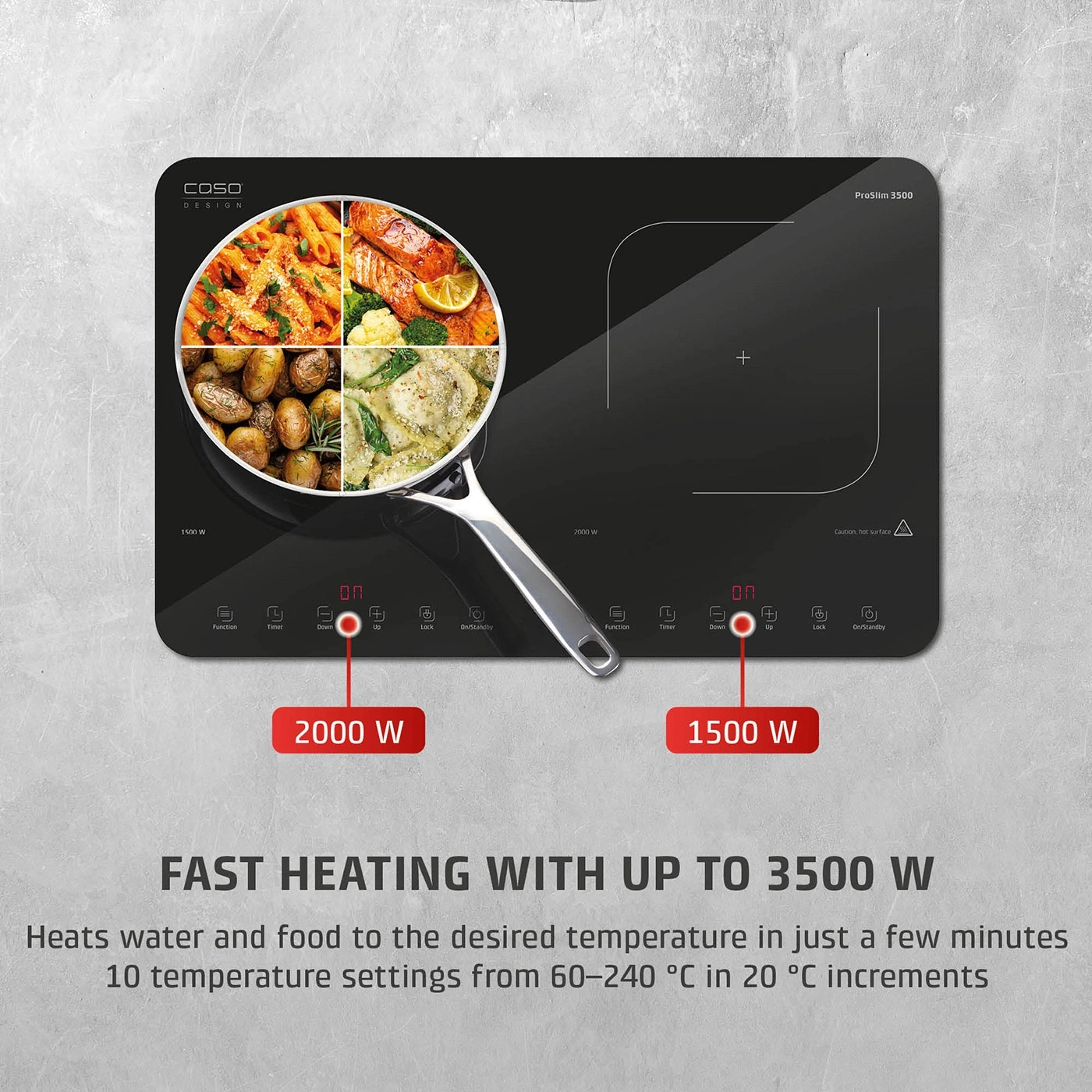 A stovetop featuring four food images and power ratings.