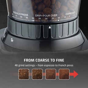Coffee grinder with grind settings from coarse to fine for espresso to French press.