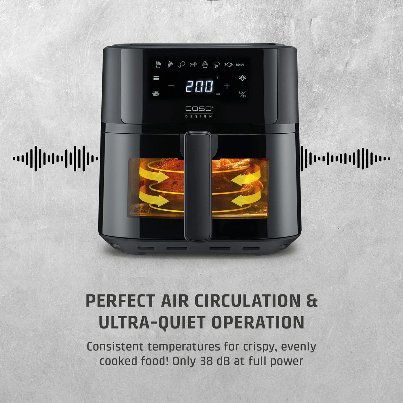 A black air fryer with a digital display and text.