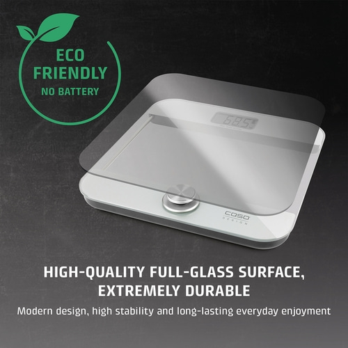 Digital scale with glass surface and "Eco Friendly" logo.