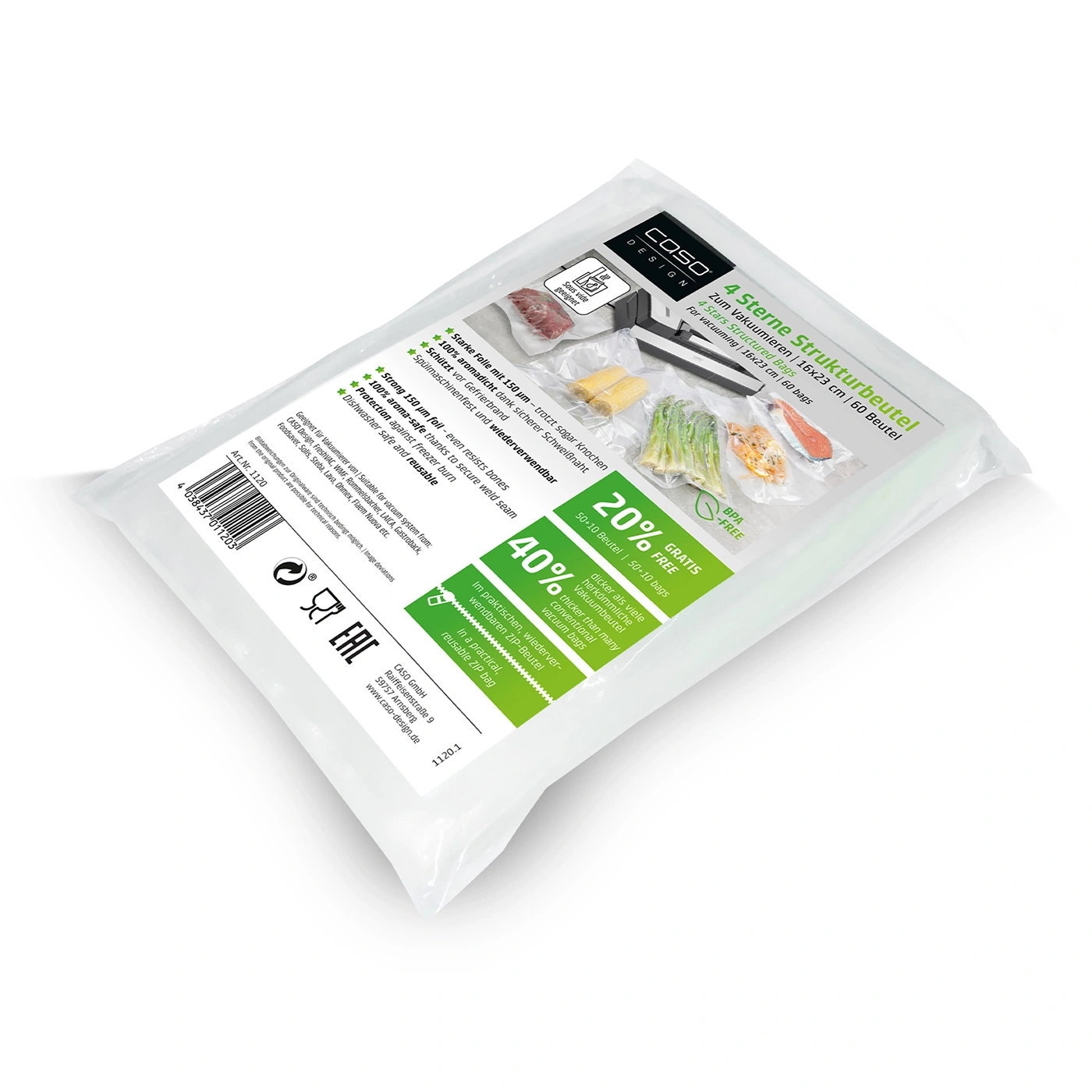 Vacuum bag packaging with product information and promotions, BPA-free.