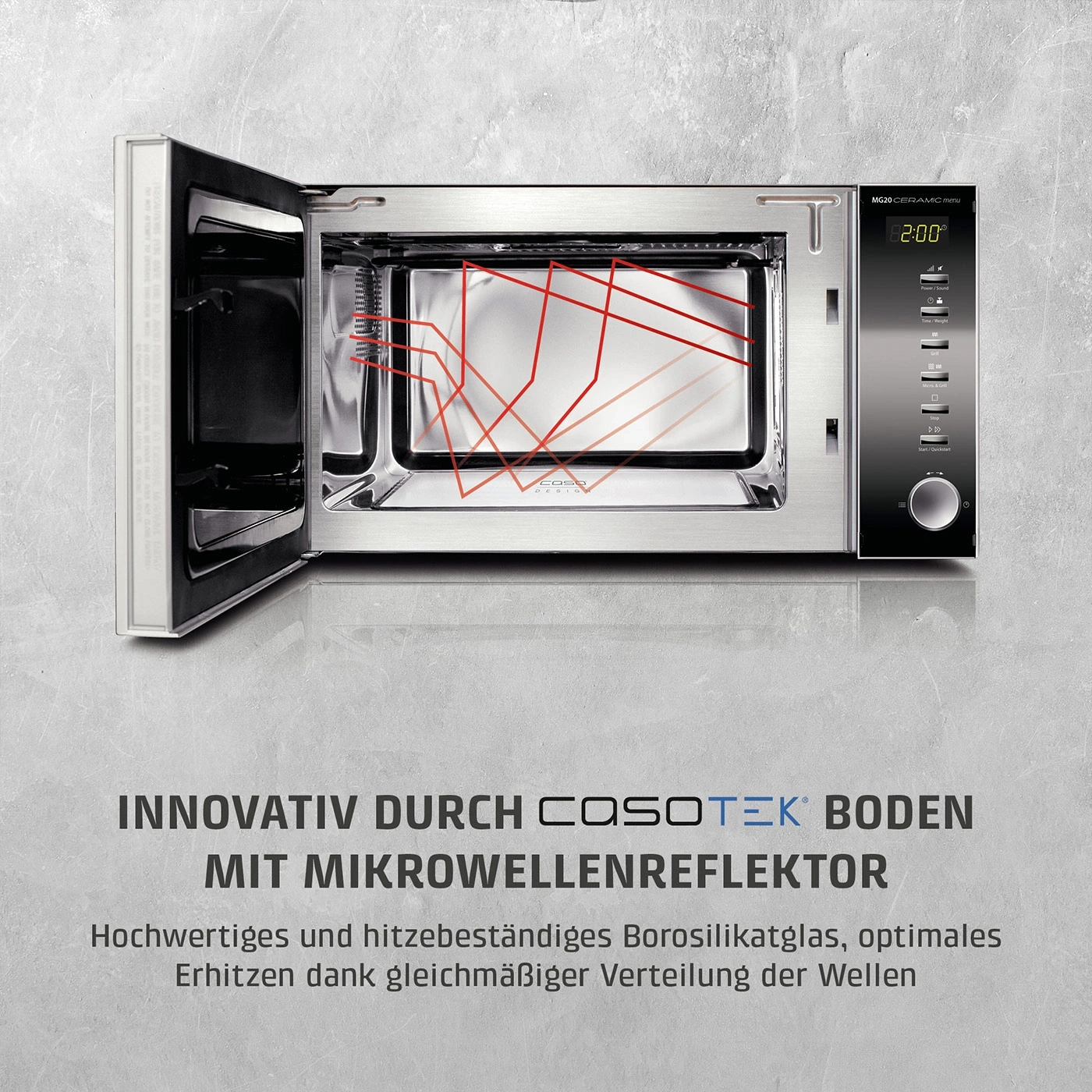 Ein moderner Mikrowellenherd mit offenem Fach und Bedienfeld.