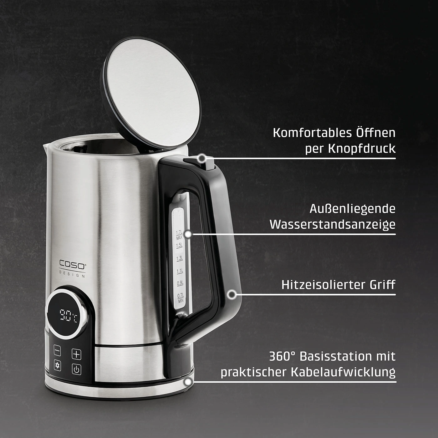 Edelstahl Wasserkocher mit digitaler Temperaturanzeige und Griff.