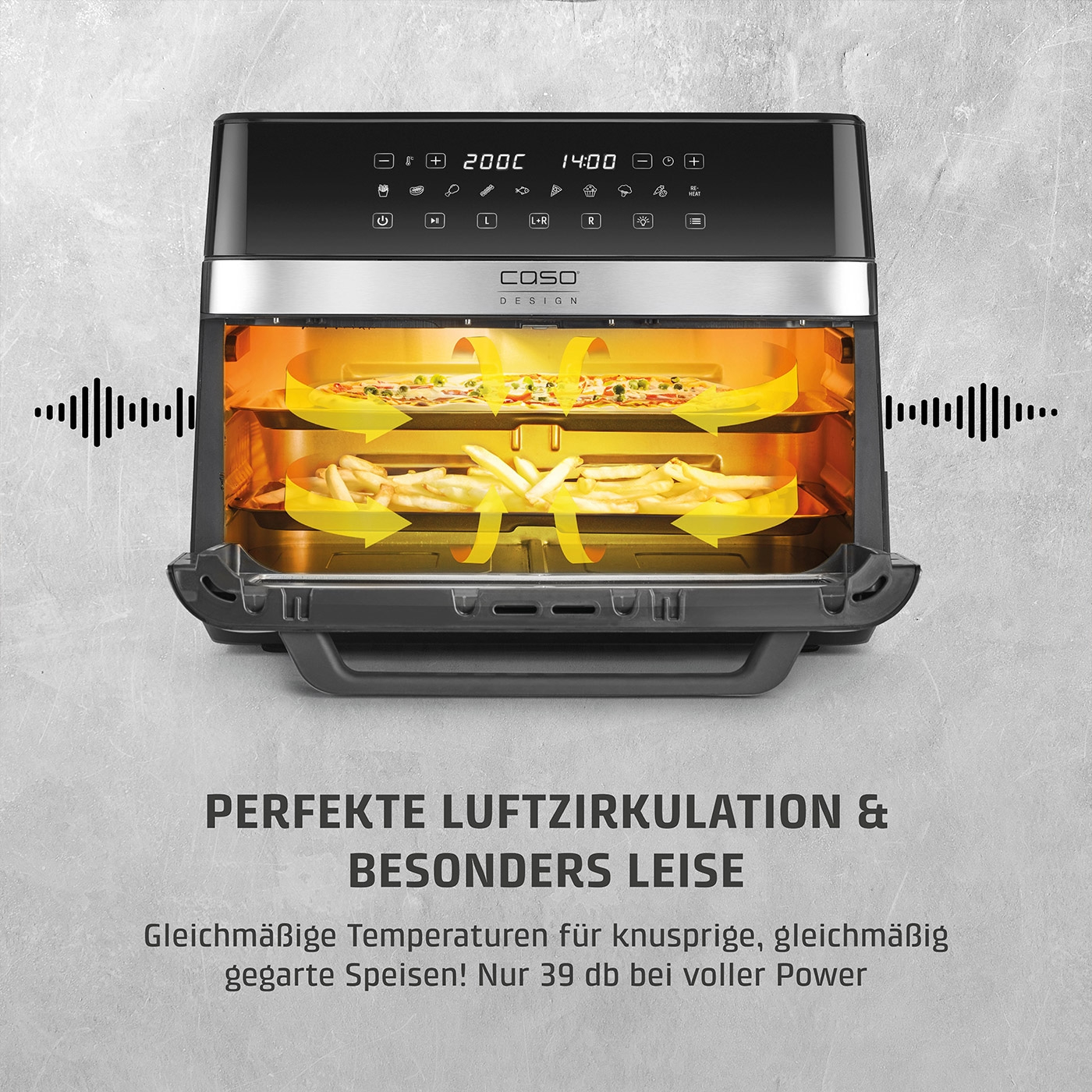 Heißluftfritteuse mit Pizza und Pommes, perfekte Luftzirkulation, leise, 39 dB, Caso Design.