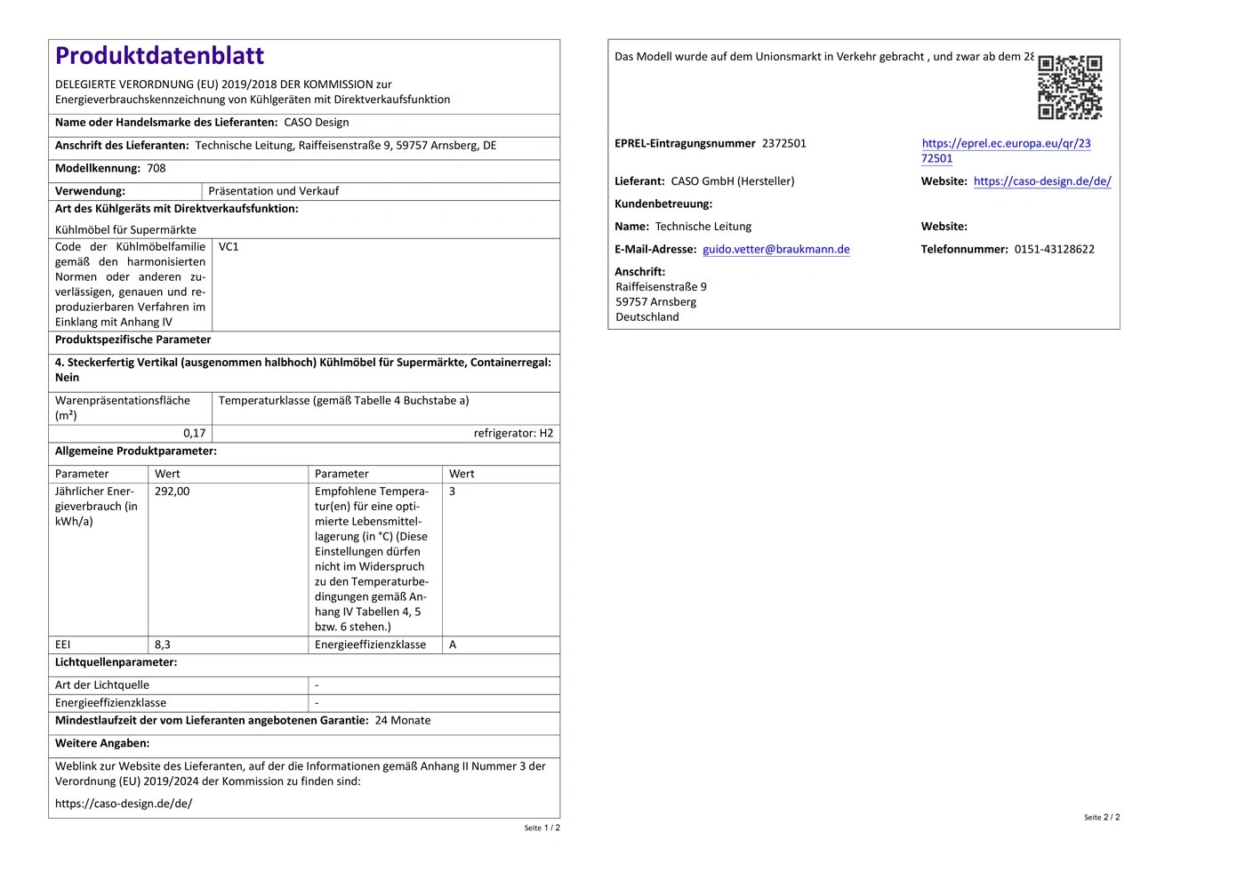 Produktinformationsblatt mit technischen Daten und Energieeffizienzklasse A.