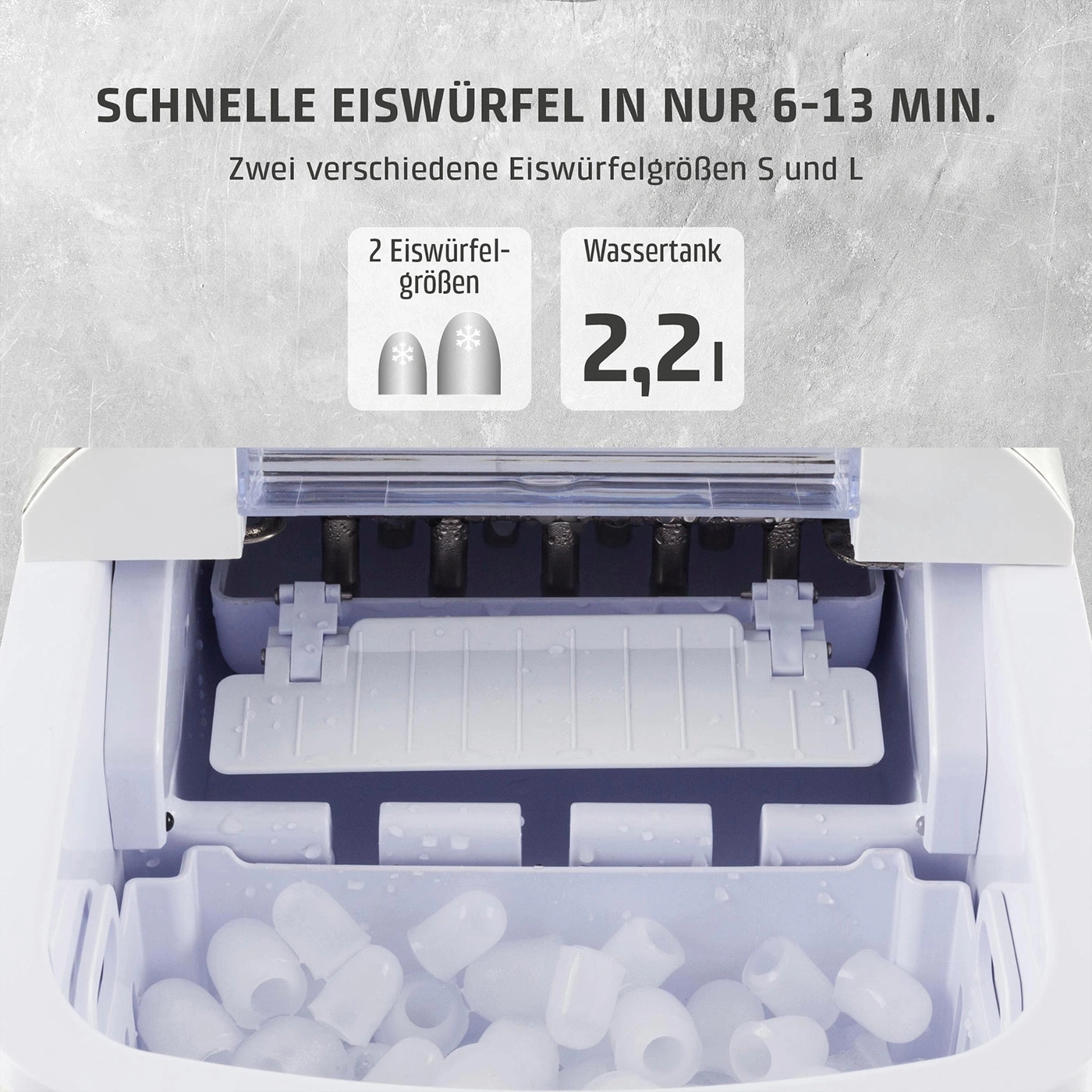 Eiswürfelmaschine mit zwei Eiswürfelgrößen und 2,2L Wassertank
