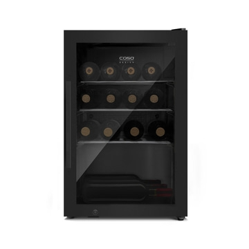 Black wine cooler with glass front, filled with wine bottles, Caso Design logo