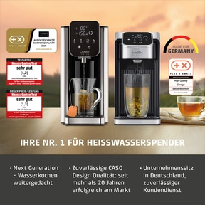 Zwei Caso Heißwasserspender mit Auszeichnungen und Teezubereitung.