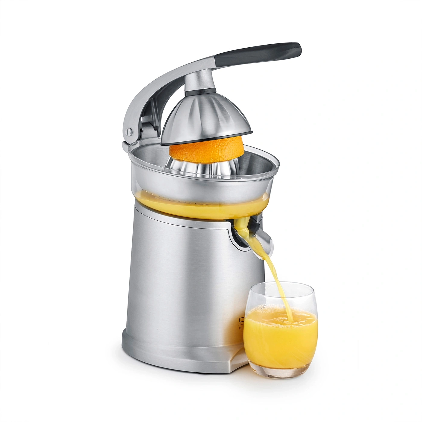 Electric citrus juicer with glass and orange juice