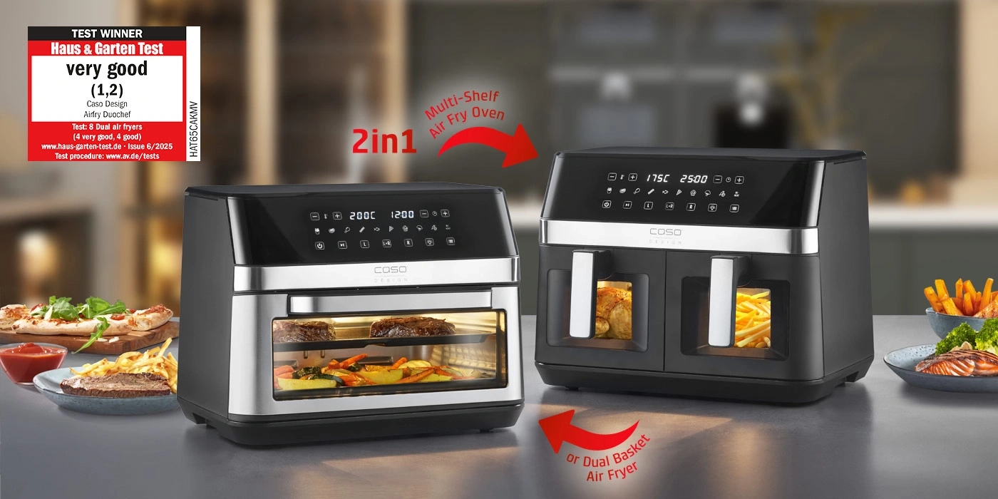 A Caso Air Fryer with two compartments, one for roasts and vegetables, the other for fries and chicken.