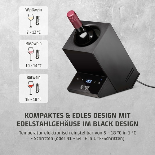 Wine cooler with temperature display for white, rosé, and red wine in an elegant design.