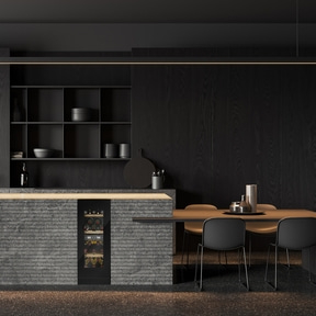 Dunkle Küche mit Weinkühler, Tisch und Stühlen, modernes Design